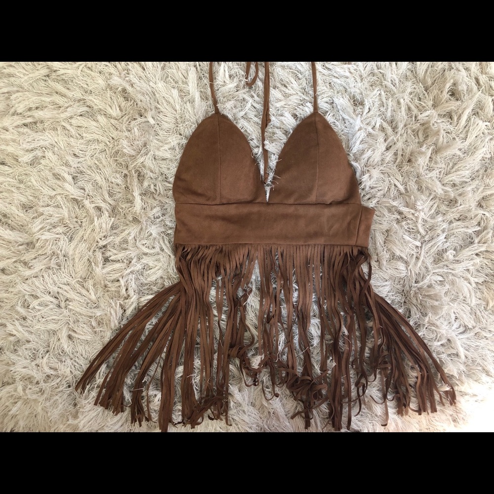 brand new, brown fringe crop top